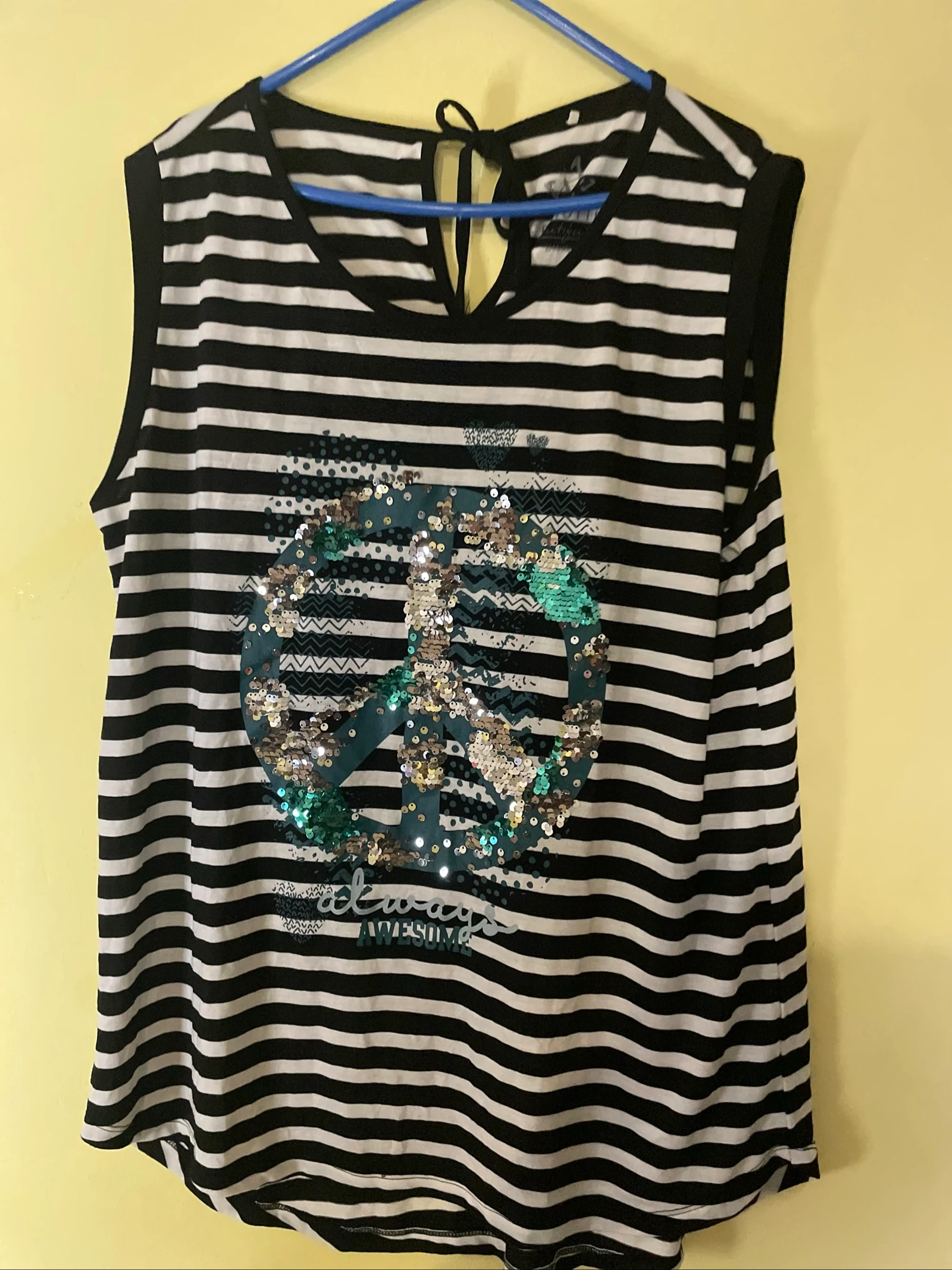 Top sem mangas às riscas preto e branco - Peace Always Awesome com lantejoulas 